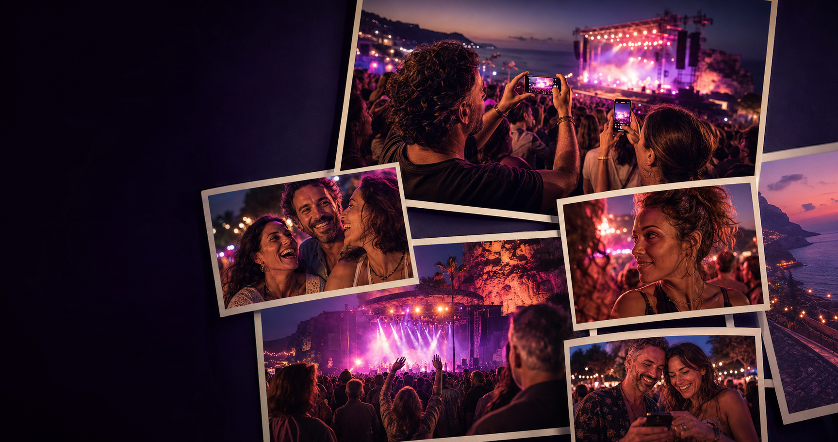 Amigos adultos reconstruyendo un concierto con las fotografías de todos